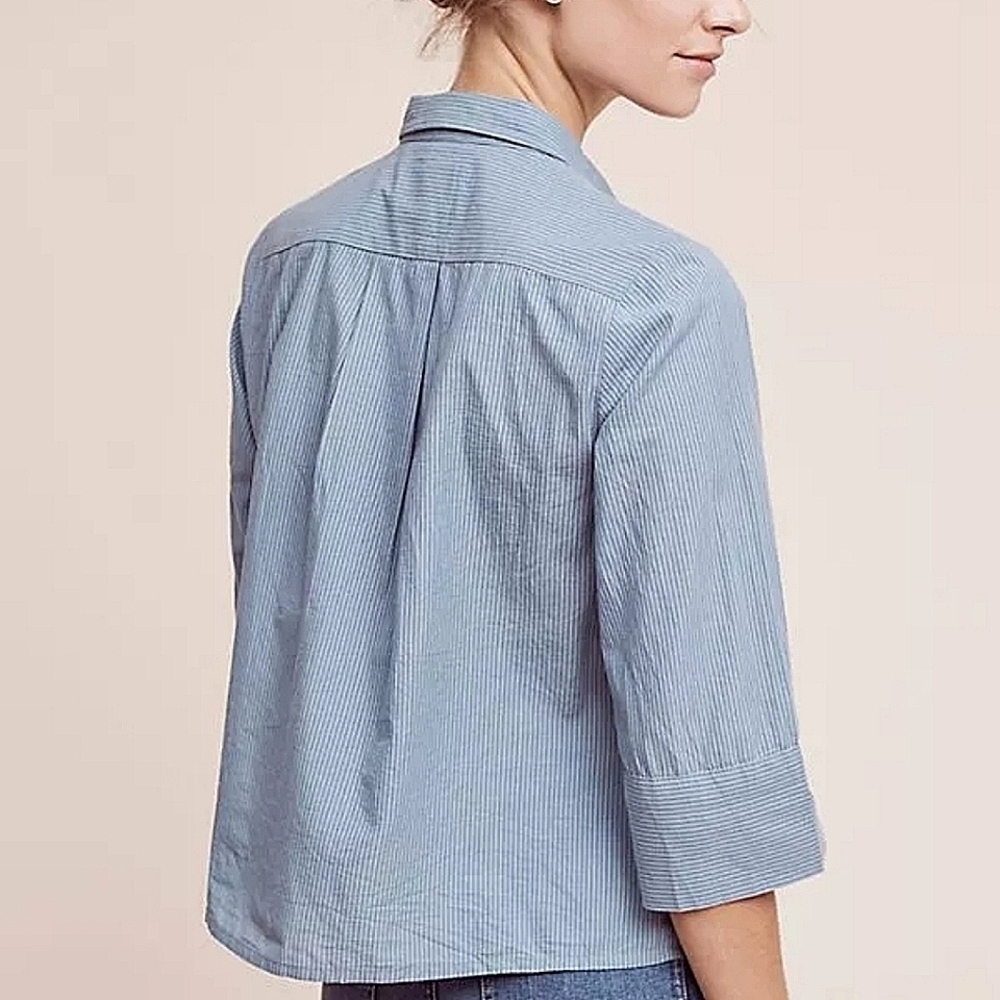 Anthropologie Maeve Gold Sequin Poplin Buttondown Blouse Blue Stripe-Size 2 - Picture 3 of 17